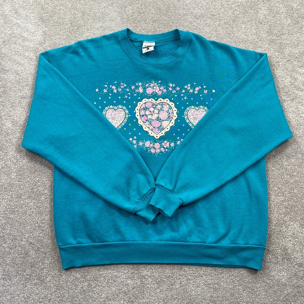 Gopher Sport Sweatshirt Women Large Teal Good Vintage Floral Heart Graphic USA